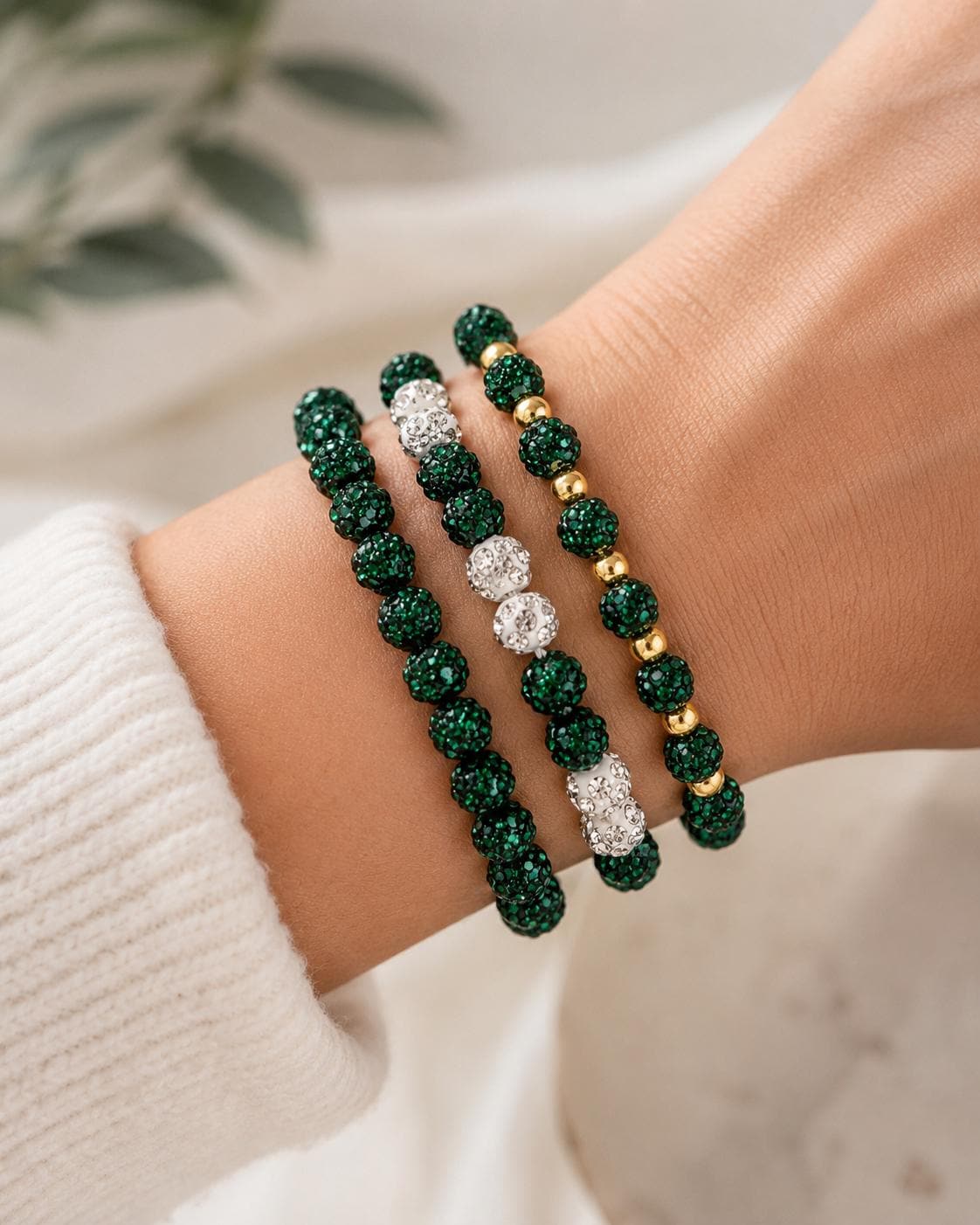 Green & White Rhinestone Bracelet- 6mm Bead