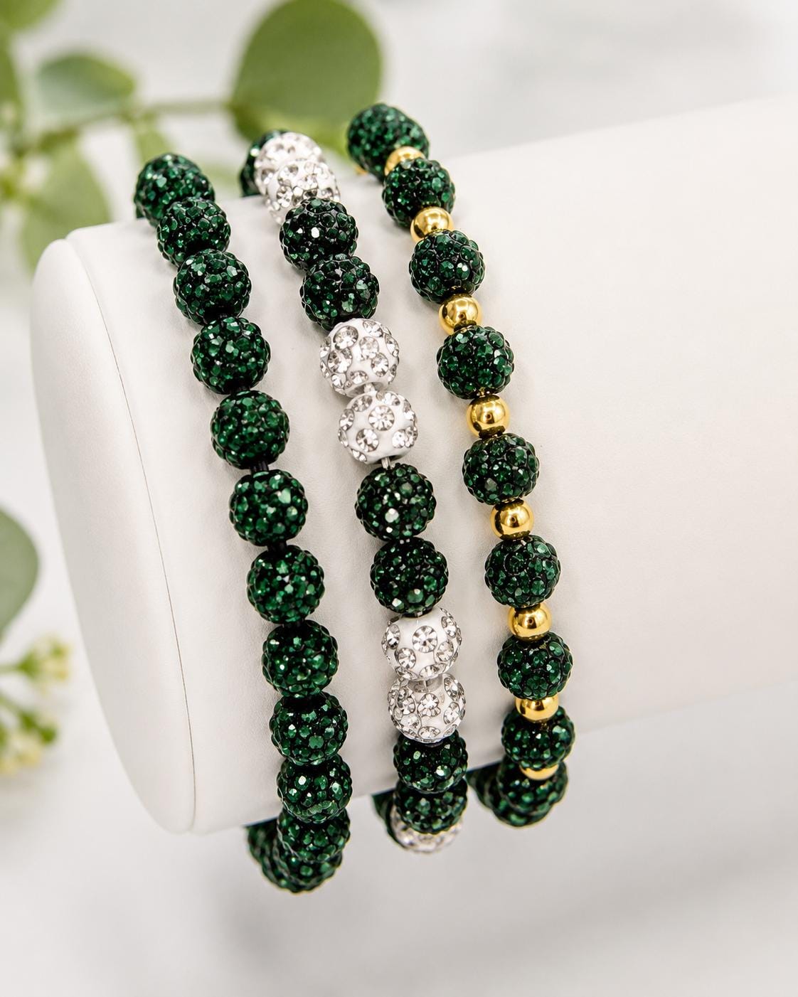 Green & White Rhinestone Bracelet- 6mm Bead