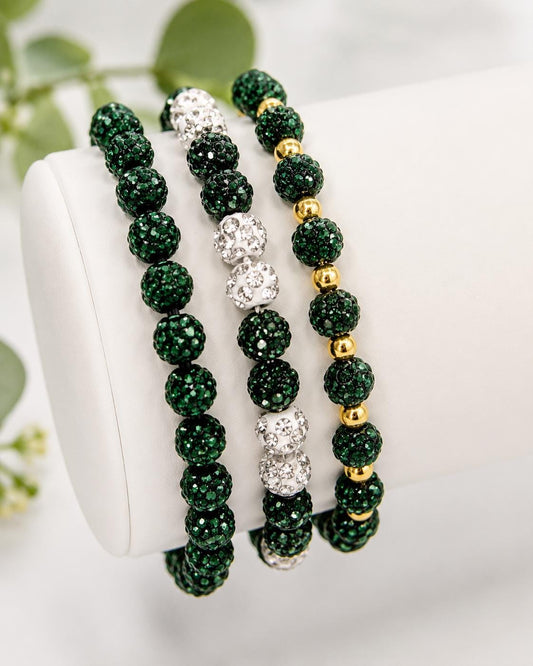 Green & White Rhinestone Bracelet- 6mm Bead