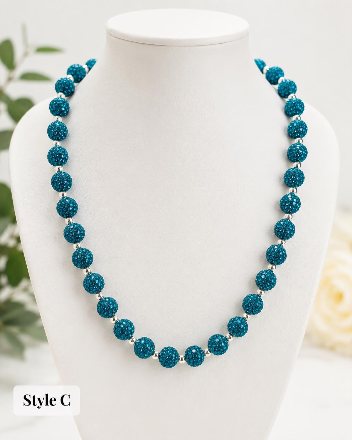 Rhinestone Shamballa Necklace- Teal/Silver/Gold
