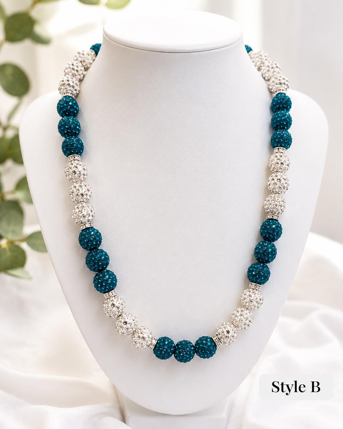 Rhinestone Shamballa Necklace- Teal/Silver/Gold