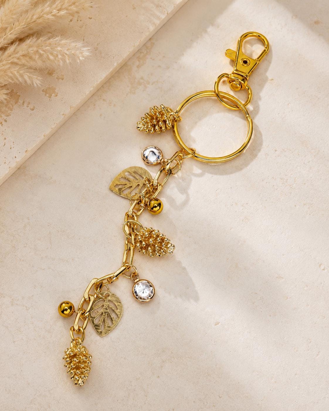 Gold Pine Cone & Leaf Charm Keychain