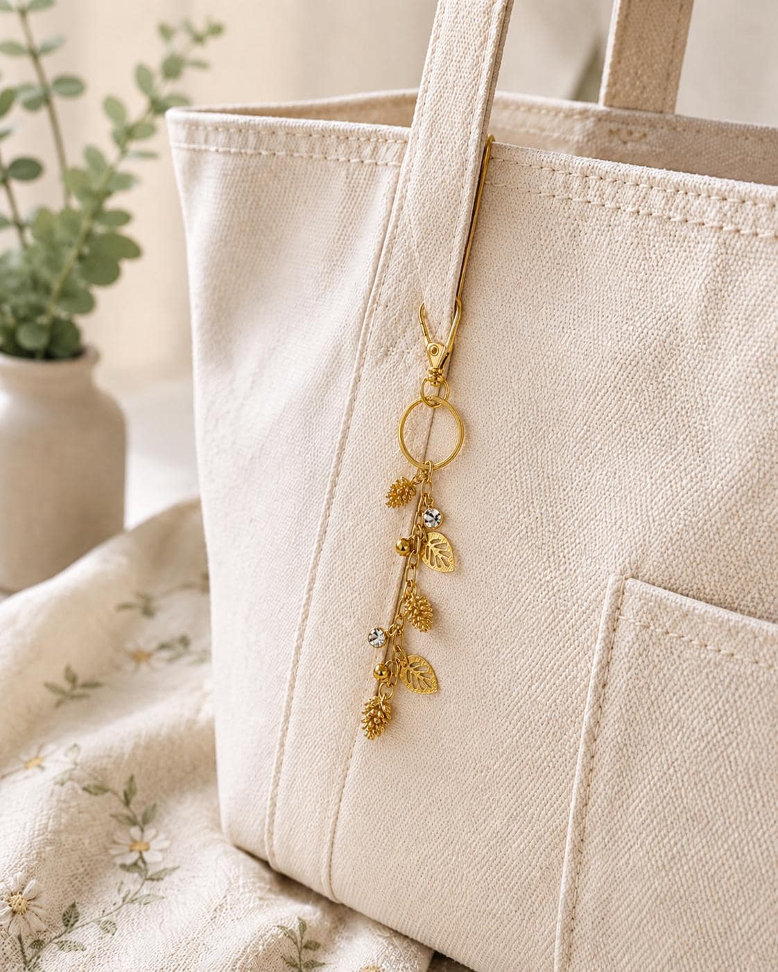 Gold Pine Cone & Leaf Charm Keychain