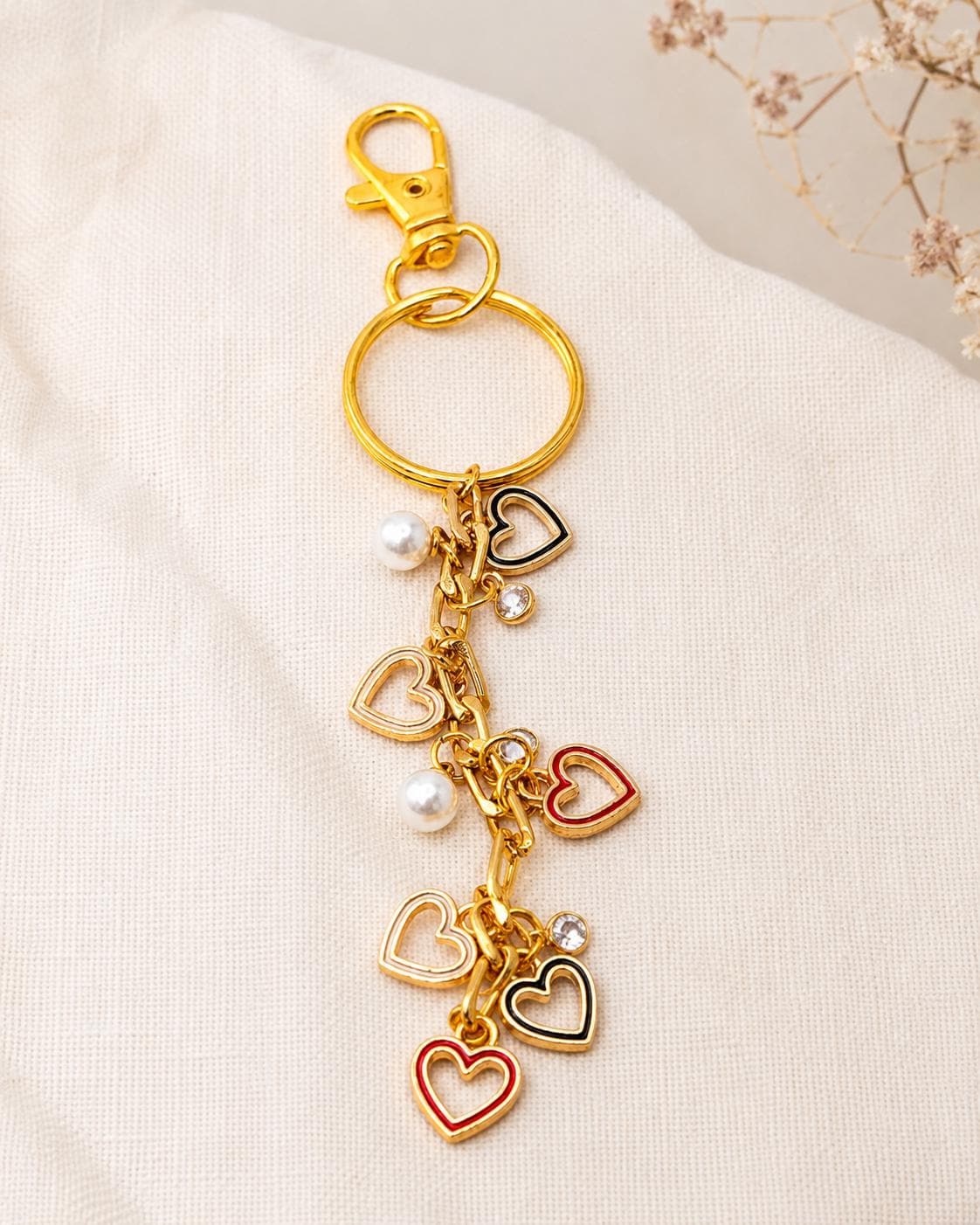 Gold Heart Charmed Keychains- Red/Black/White Hearts
