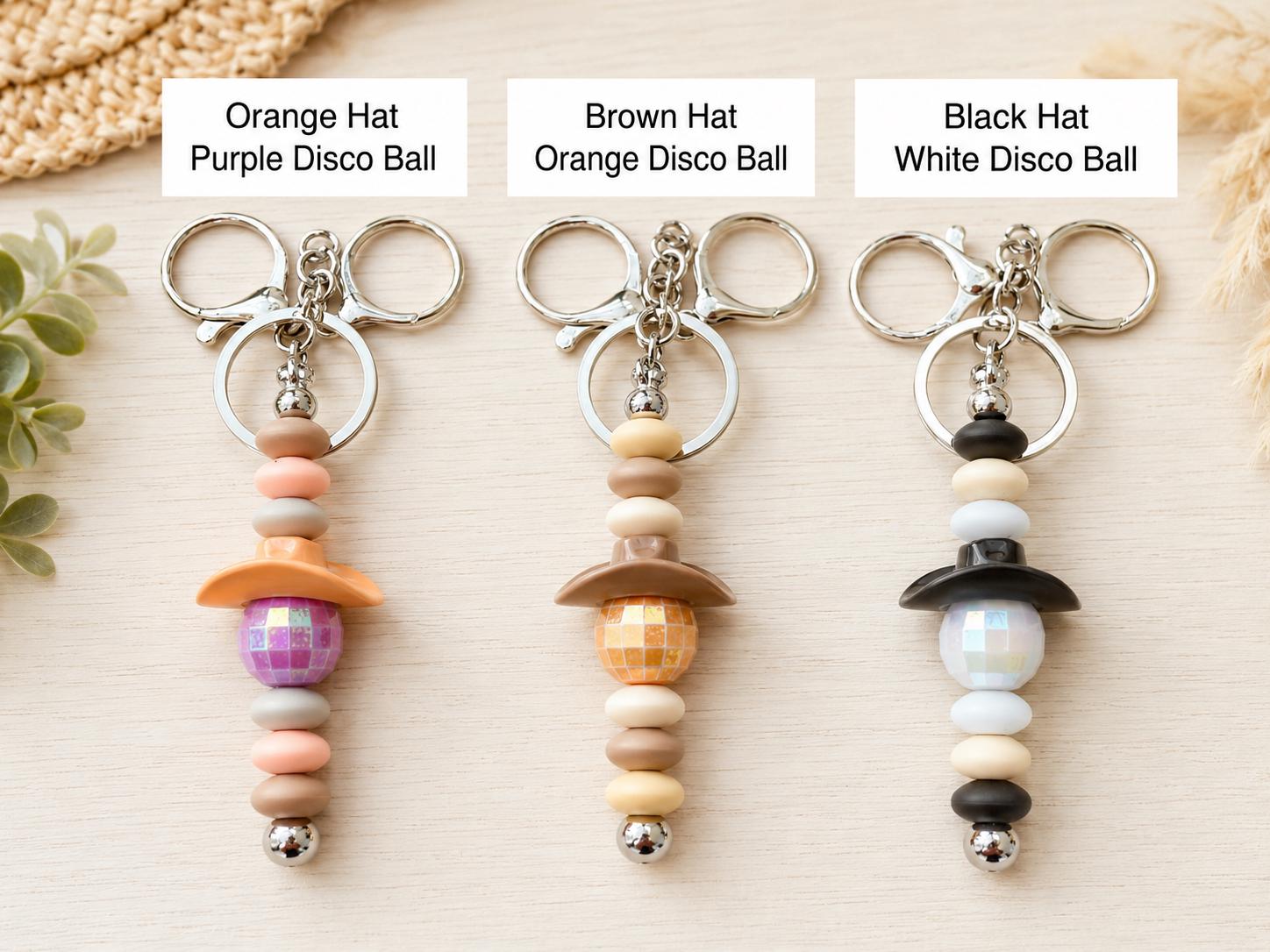 Cowboy Hat Disco Ball Beaded Keychain