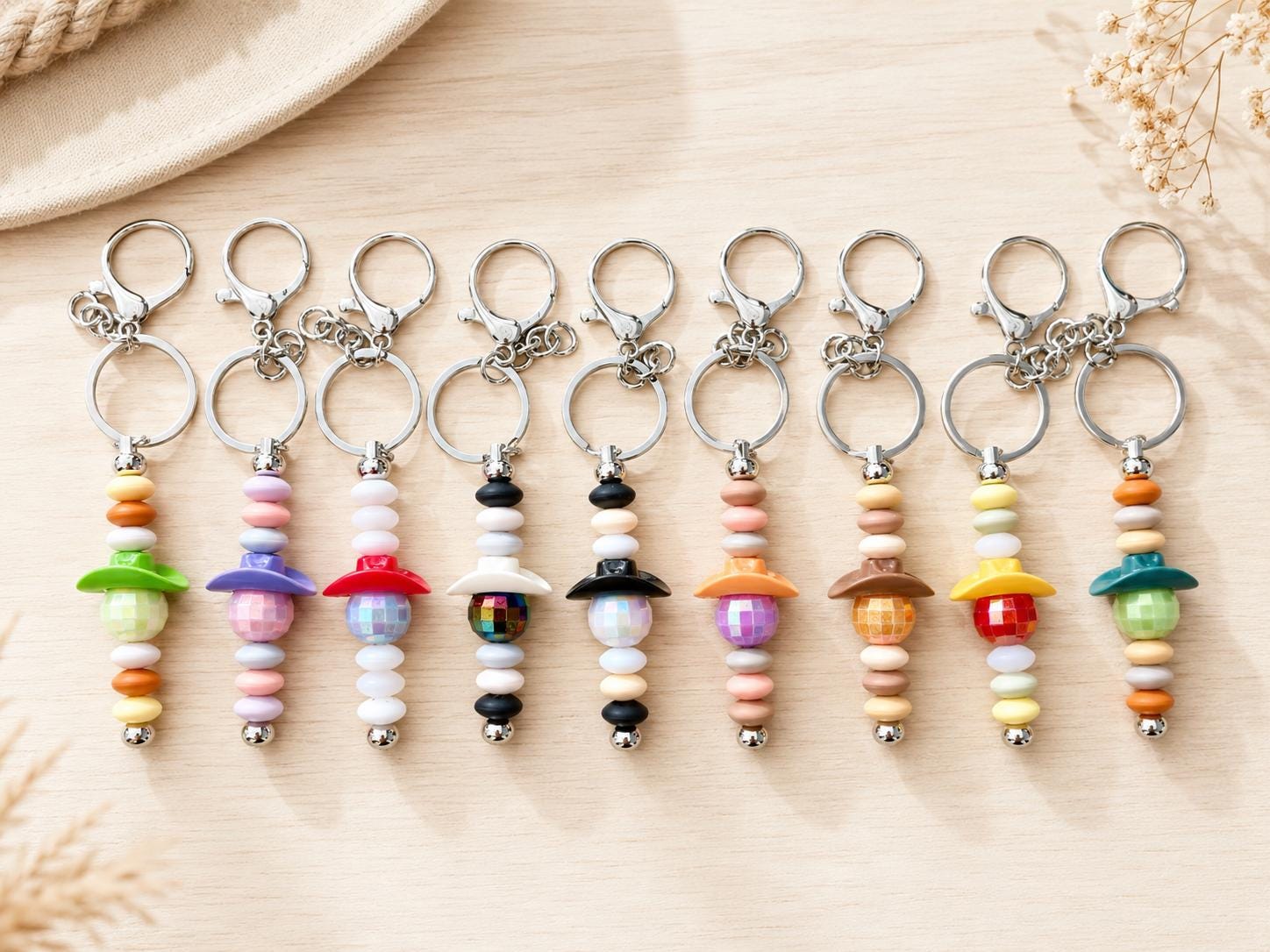 Cowboy Hat Disco Ball Beaded Keychain