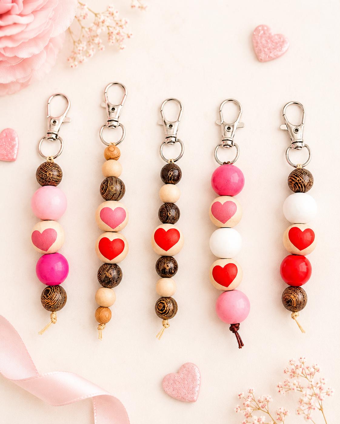 Wooden Heart Beaded Keychains