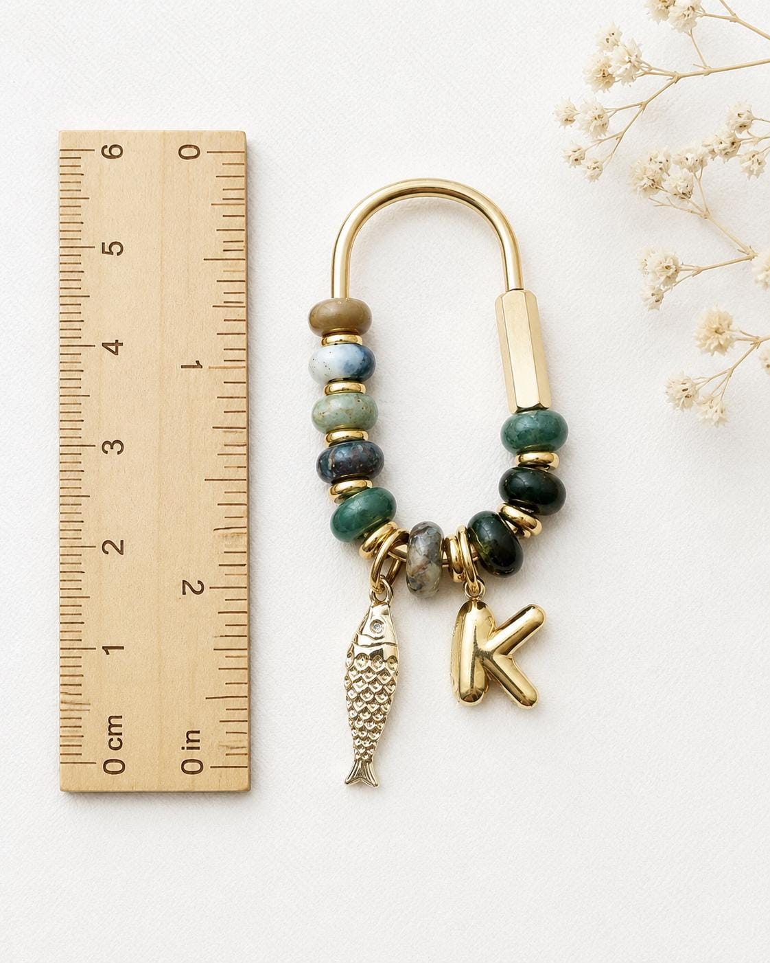 Personalized Natural Stone Bag Charm- Custom Initial & Charms