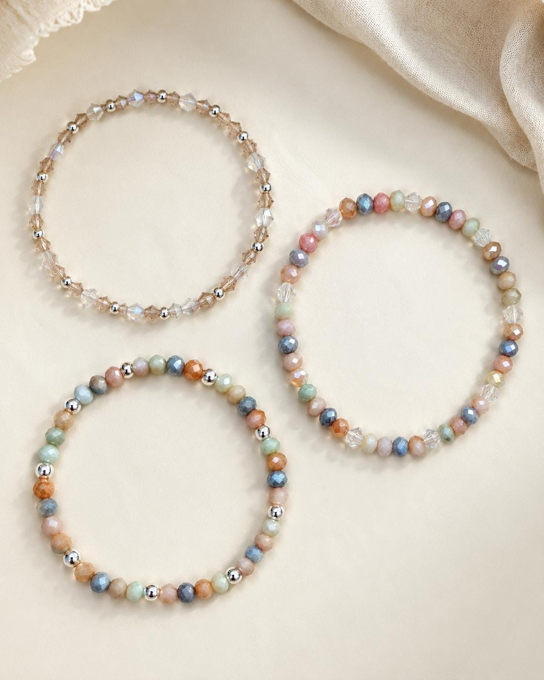 Handmade Pastel Beaded Bracelet Set, Glass Crystal Stretch Bracelet, 925 Silver Spacers, Mix & Match Stackable Gift
