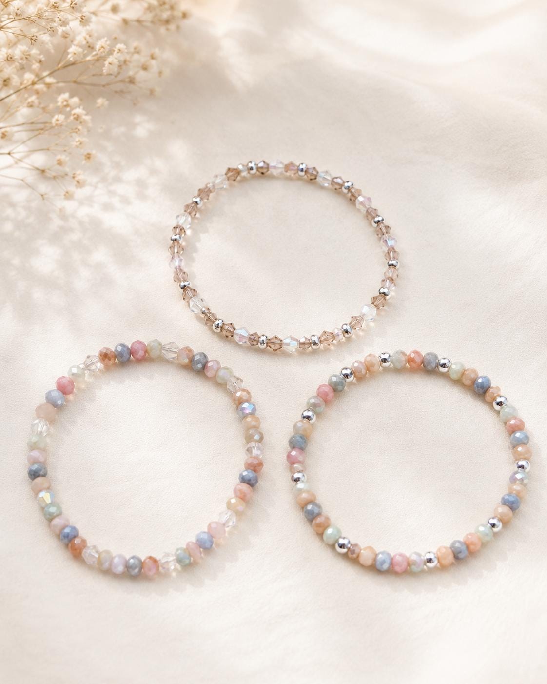 Handmade Pastel Beaded Bracelet Set, Glass Crystal Stretch Bracelet, 925 Silver Spacers, Mix & Match Stackable Gift