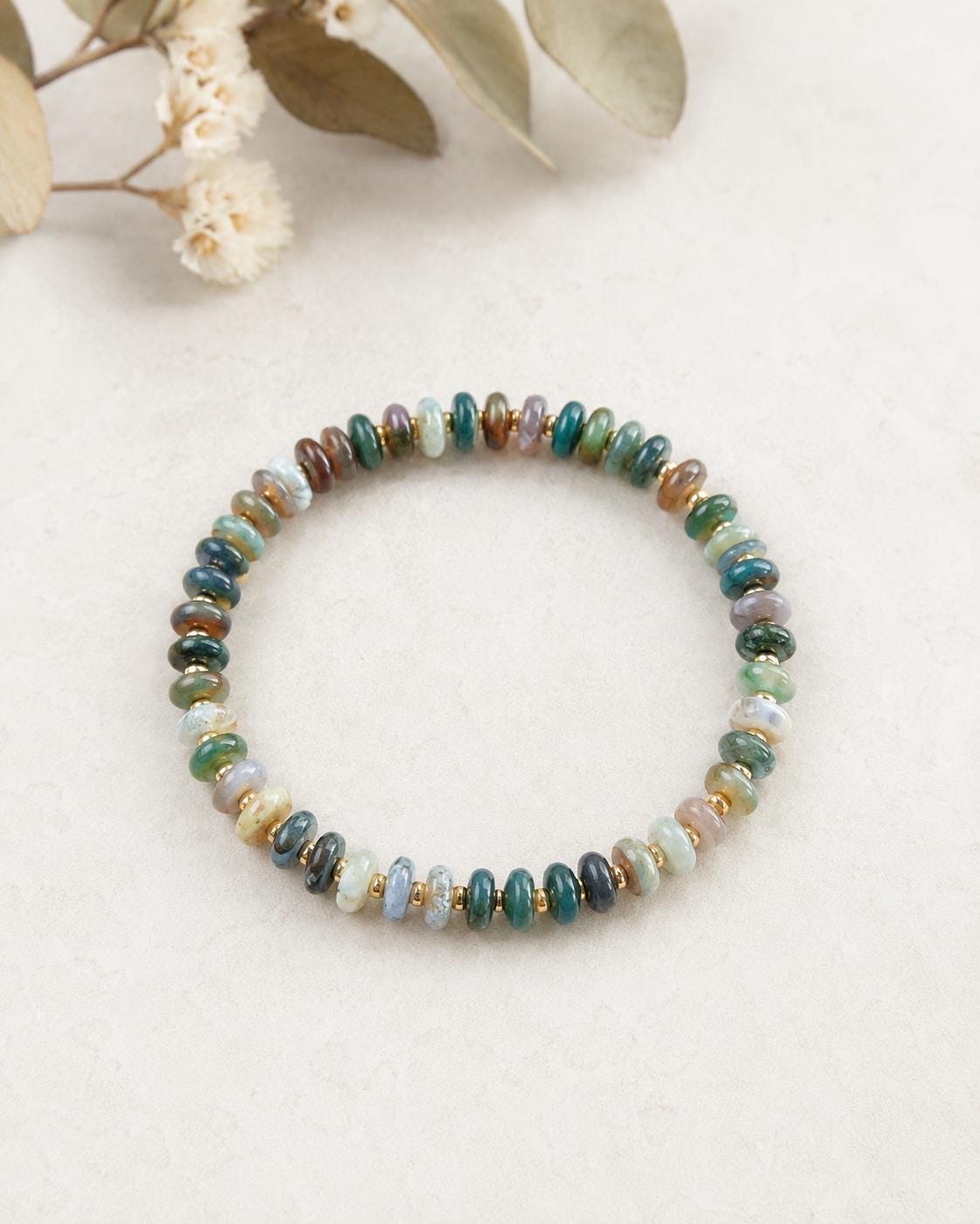 Indian Agate Abacus Beaded Bracelet, Natural Stone Stretch Bracelet, Green Gemstone Stack Bracelet, Gold Glass Spacer Jewelry