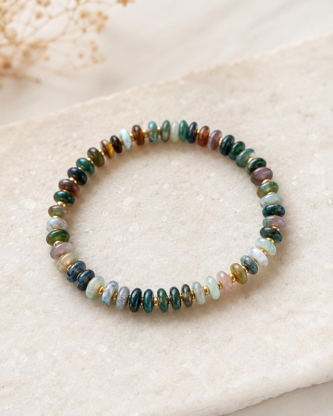 Indian Agate Abacus Beaded Bracelet, Natural Stone Stretch Bracelet, Green Gemstone Stack Bracelet, Gold Glass Spacer Jewelry