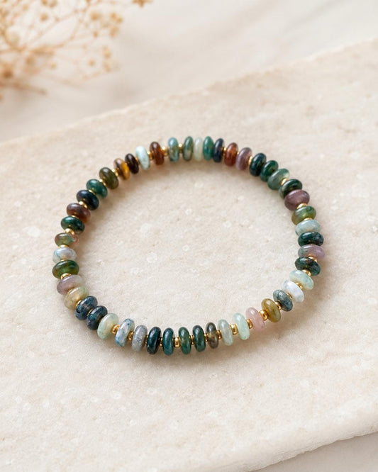 Indian Agate Abacus Beaded Bracelet, Natural Stone Stretch Bracelet, Green Gemstone Stack Bracelet, Gold Glass Spacer Jewelry