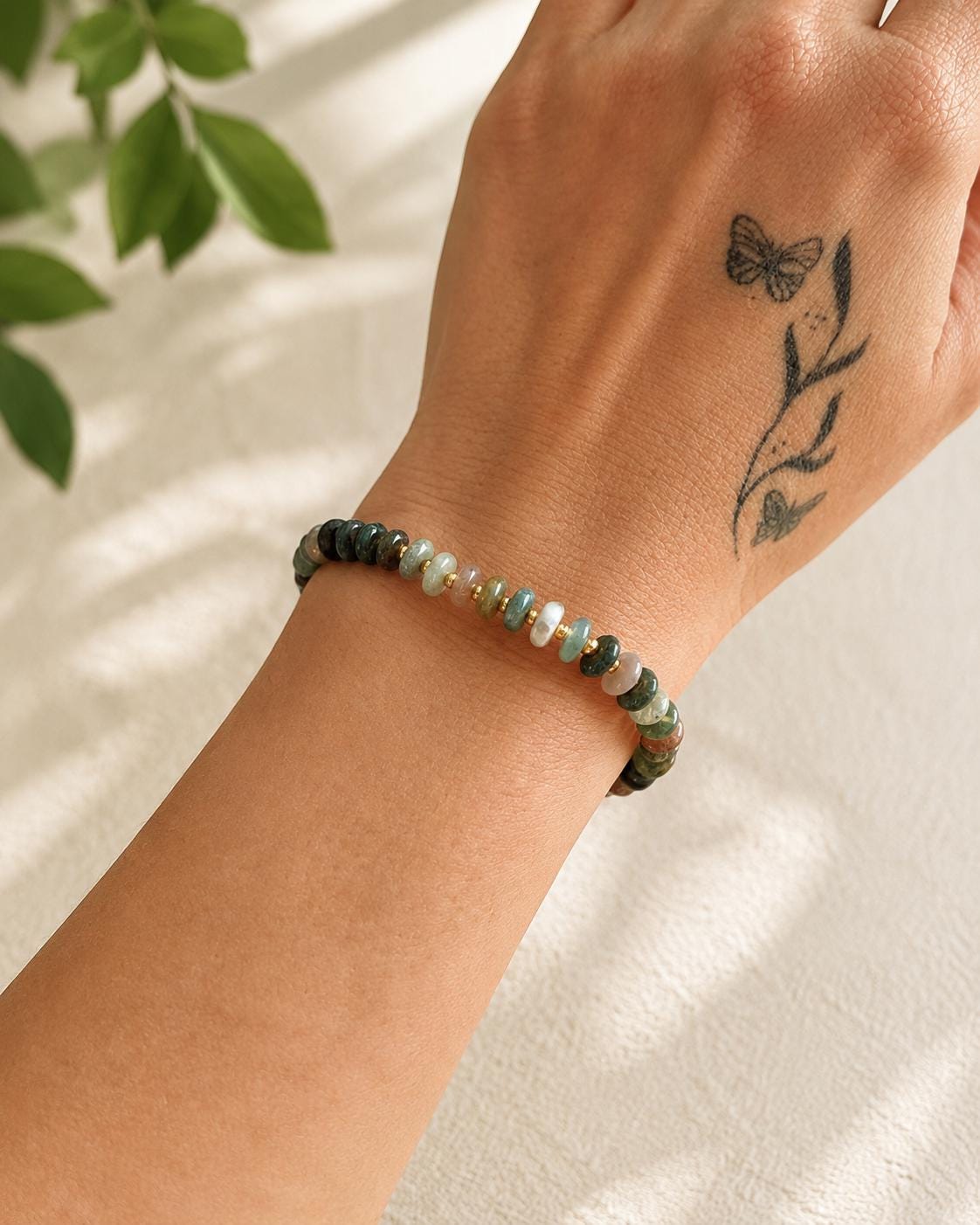 Indian Agate Abacus Beaded Bracelet, Natural Stone Stretch Bracelet, Green Gemstone Stack Bracelet, Gold Glass Spacer Jewelry