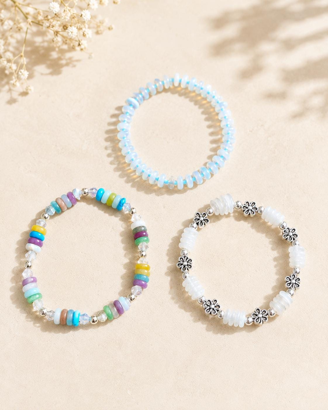 Natural Beaded Stretch Bracelet, White Marble or Mixed Jade Bracelet, 925 Silver Spacer Bracelet, Handmade Stackable Jewelry