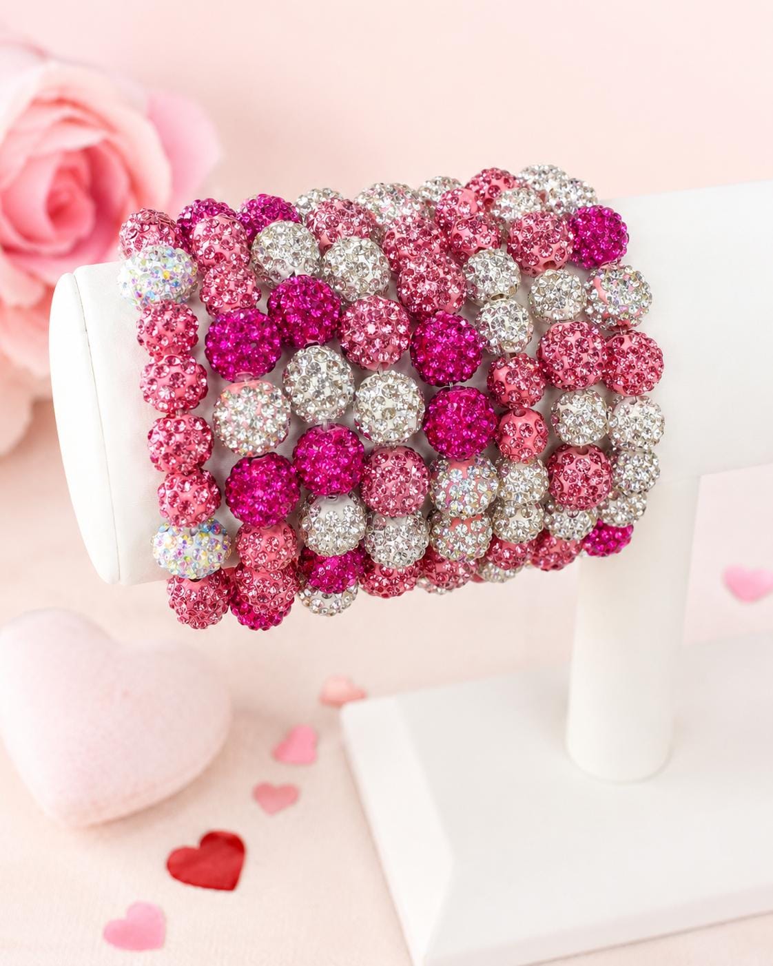 Rhinestone Heart- Pink & White Beaded Bracelets