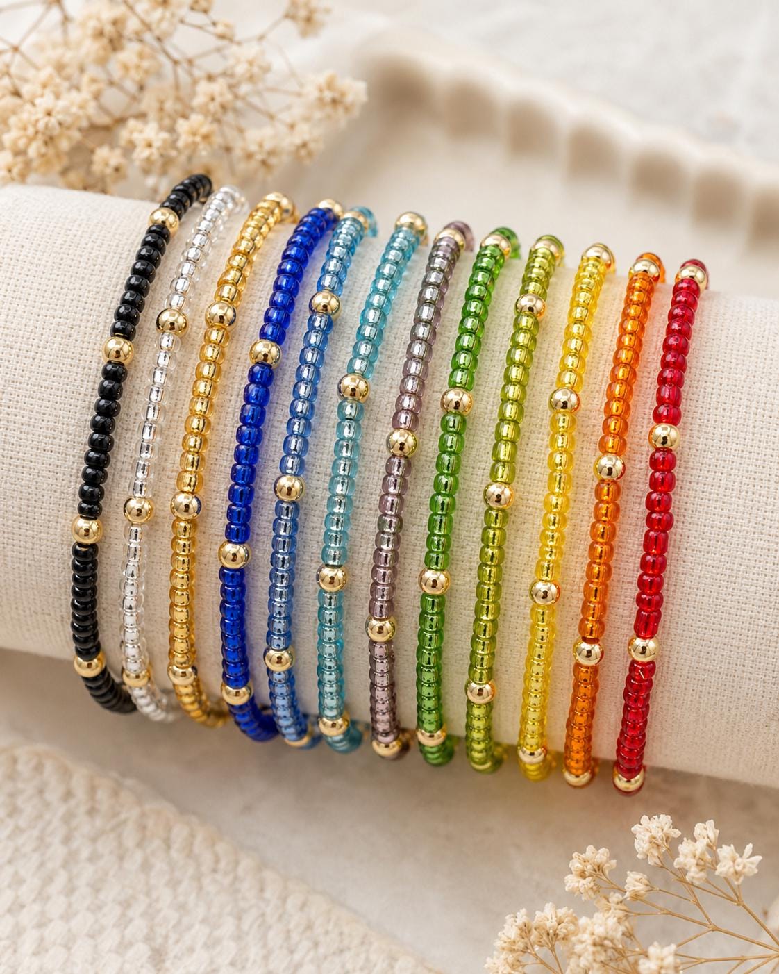 Dainty Glass Seed Bead Bracelet- 14k Gold