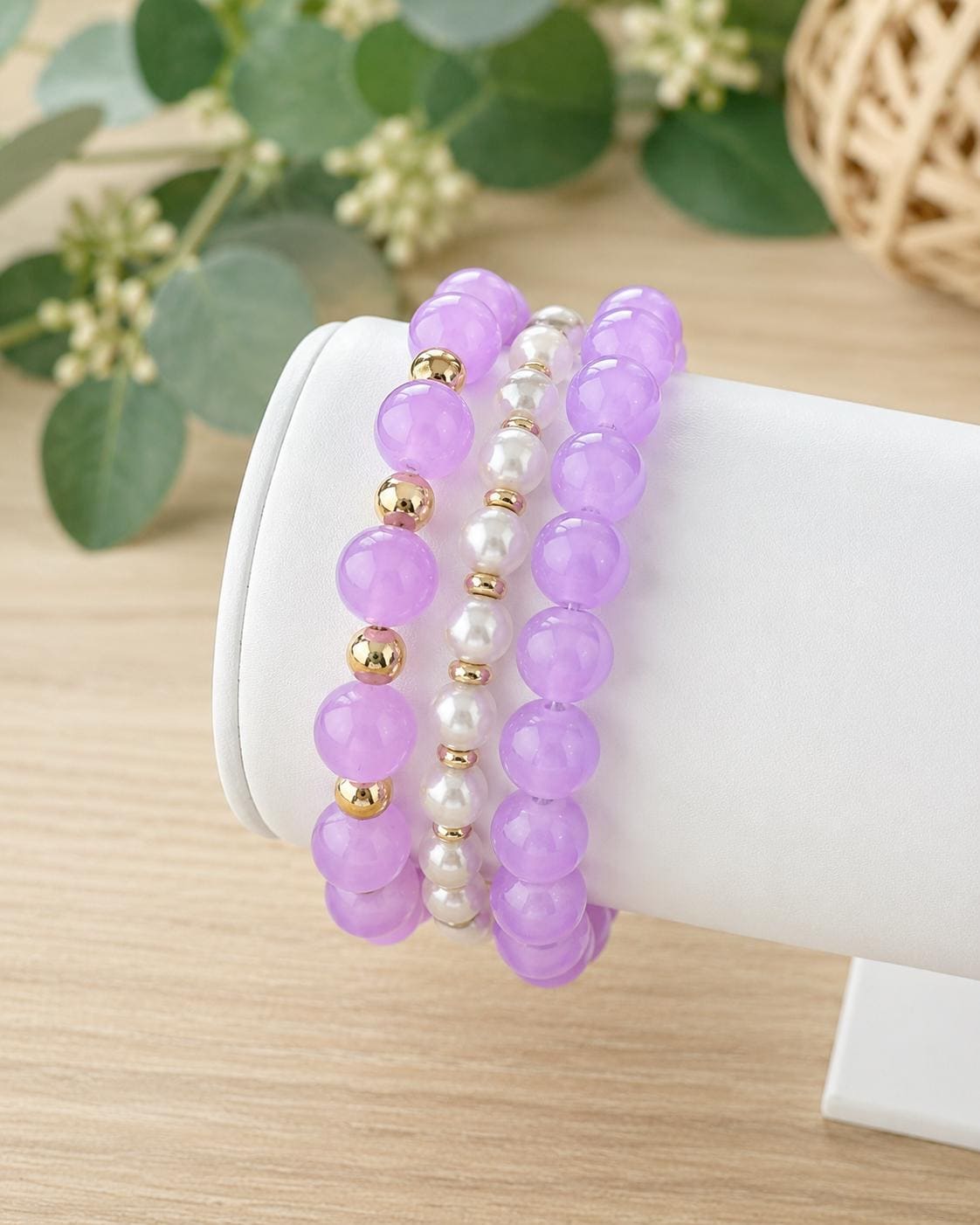 Purple Glass Beaded Bracelet: 14k Gold Accents