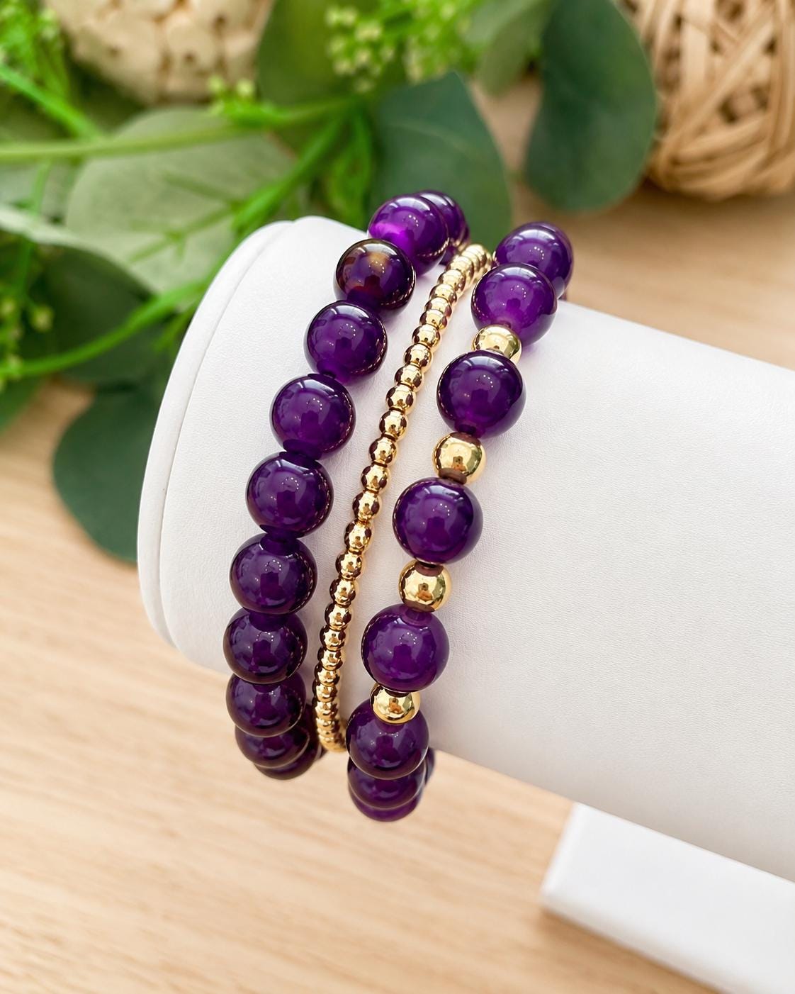 Purple Glass Beaded Bracelet: 14k Gold Accents