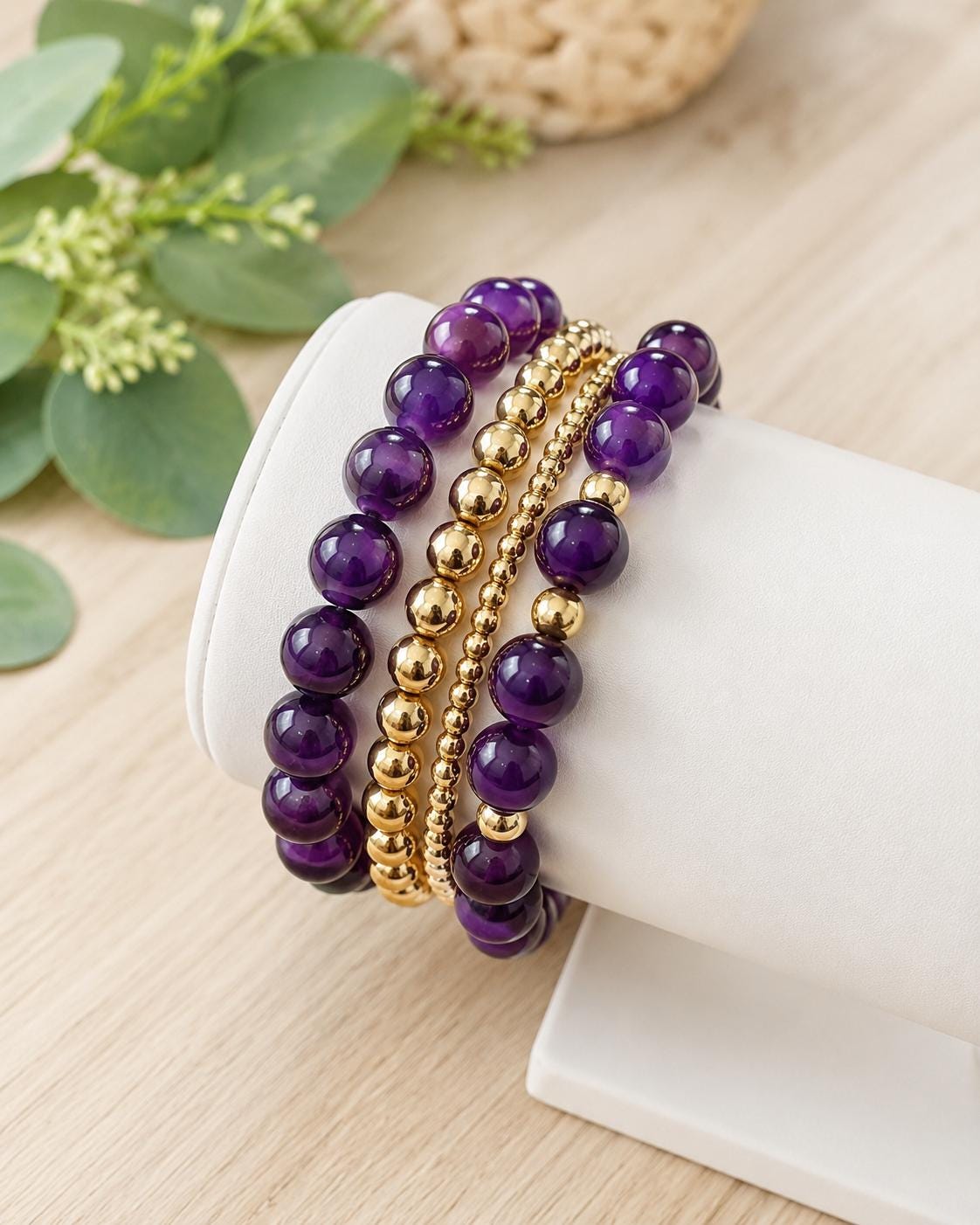 Purple Glass Beaded Bracelet: 14k Gold Accents