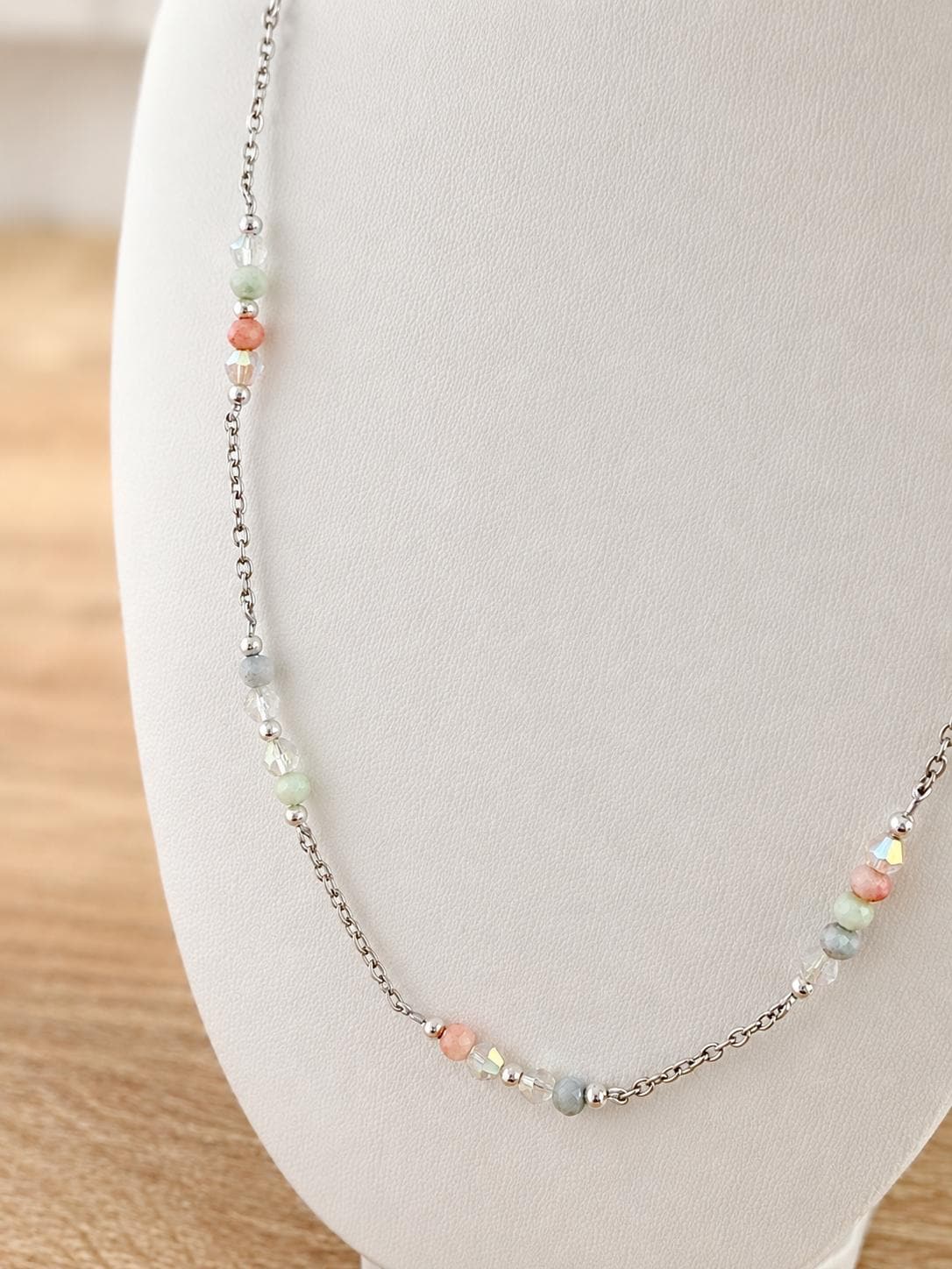 Pastel Crystal Glass Bead Necklace, 4mm Faceted Rondelle Beaded Necklace, 925 Sterling Silver Clasp, Dainty Earthy Jewelry Gift