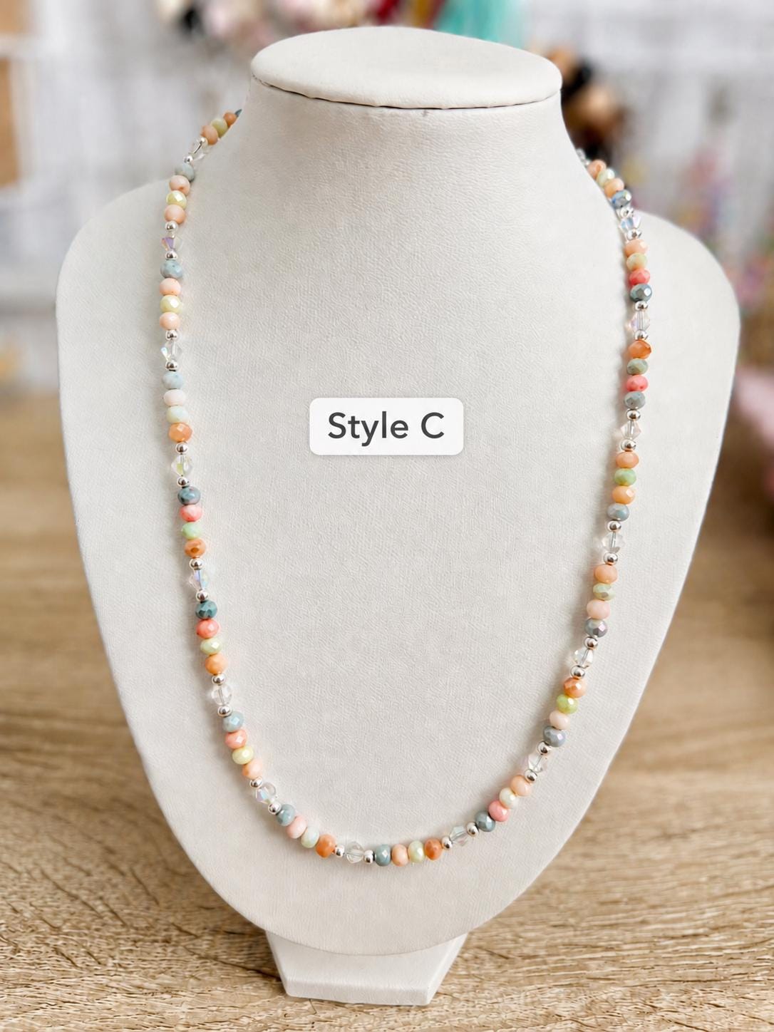 Pastel Crystal Glass Bead Necklace, 4mm Faceted Rondelle Beaded Necklace, 925 Sterling Silver Clasp, Dainty Earthy Jewelry Gift