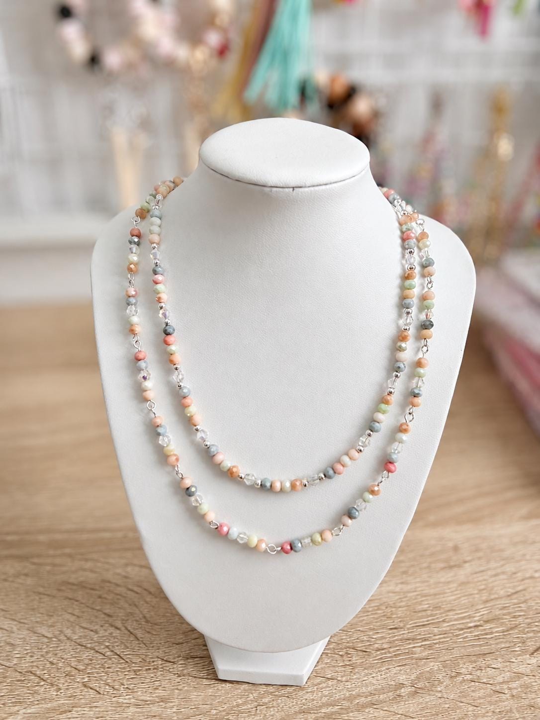 Pastel Crystal Glass Bead Necklace, 4mm Faceted Rondelle Beaded Necklace, 925 Sterling Silver Clasp, Dainty Earthy Jewelry Gift