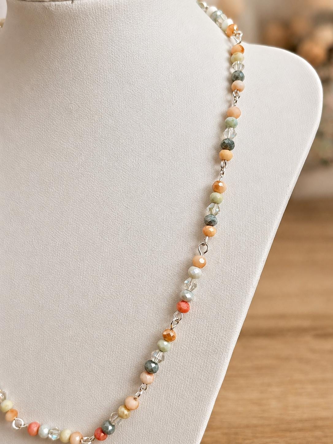 Pastel Crystal Glass Bead Necklace, 4mm Faceted Rondelle Beaded Necklace, 925 Sterling Silver Clasp, Dainty Earthy Jewelry Gift
