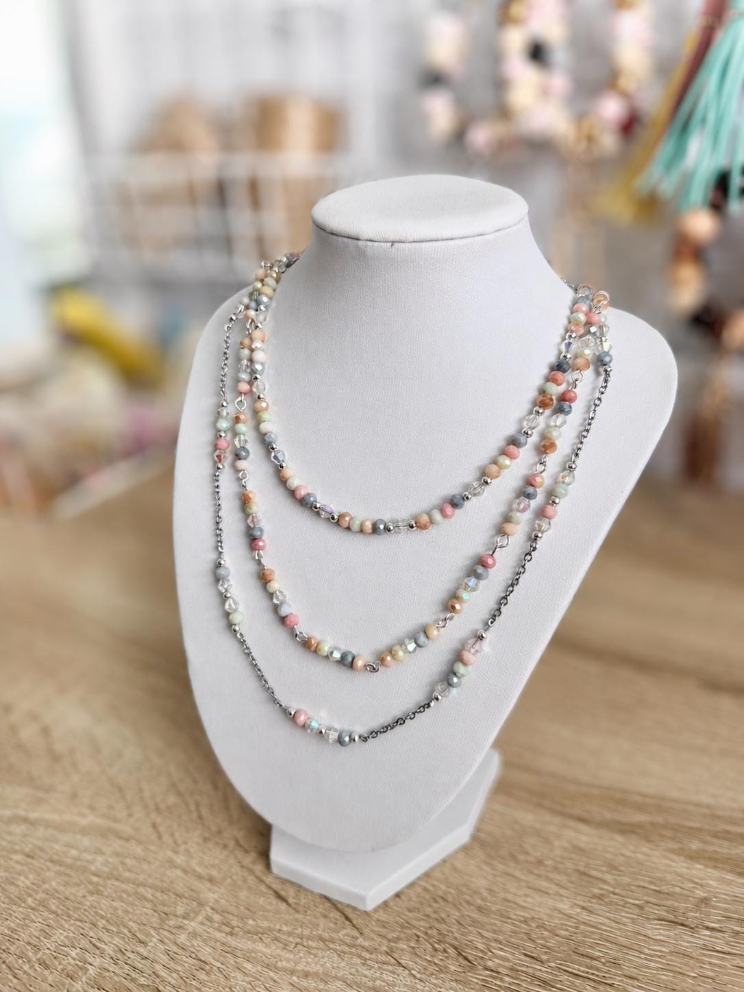 Pastel Crystal Glass Bead Necklace, 4mm Faceted Rondelle Beaded Necklace, 925 Sterling Silver Clasp, Dainty Earthy Jewelry Gift