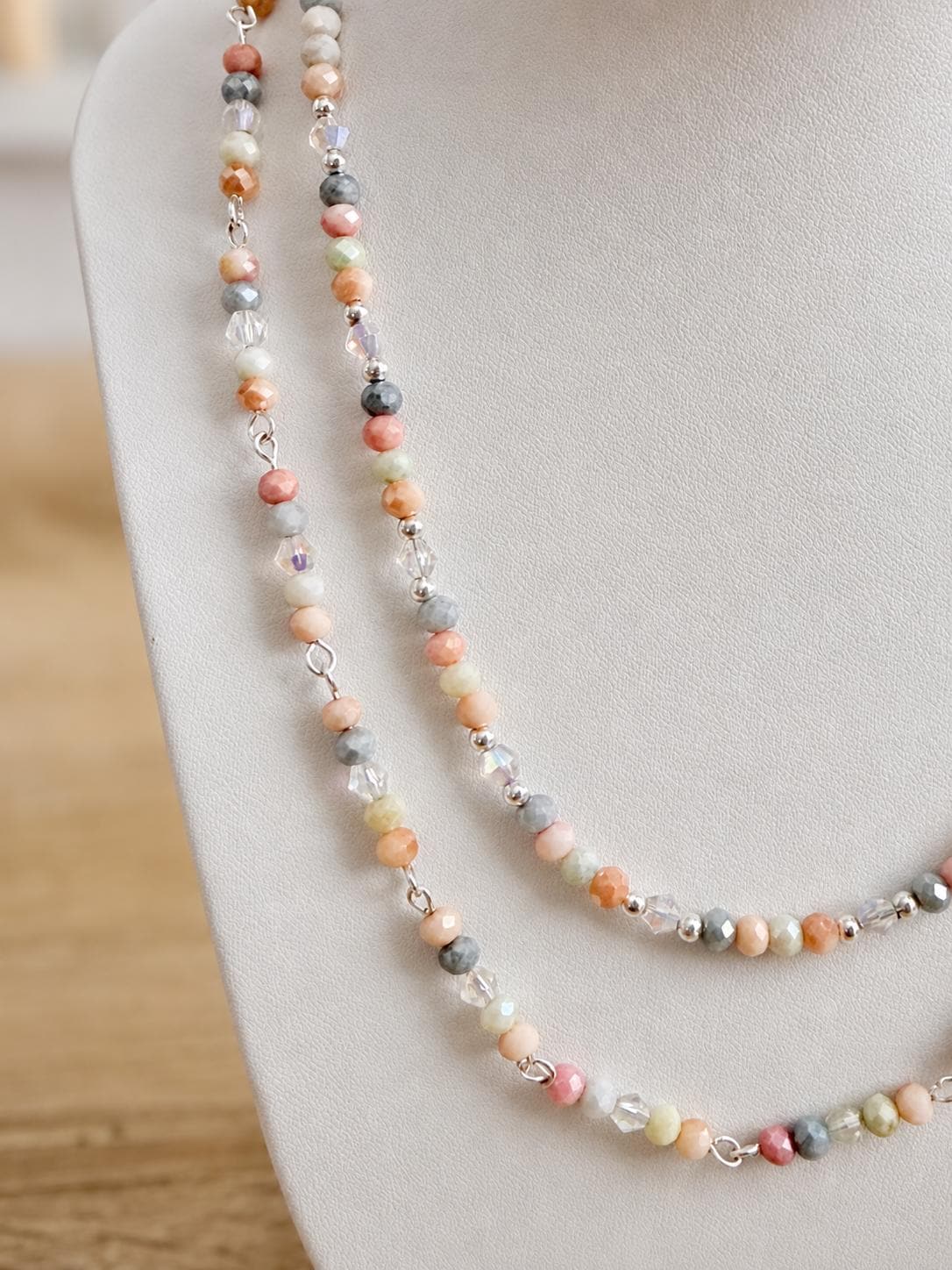Pastel Crystal Glass Bead Necklace, 4mm Faceted Rondelle Beaded Necklace, 925 Sterling Silver Clasp, Dainty Earthy Jewelry Gift