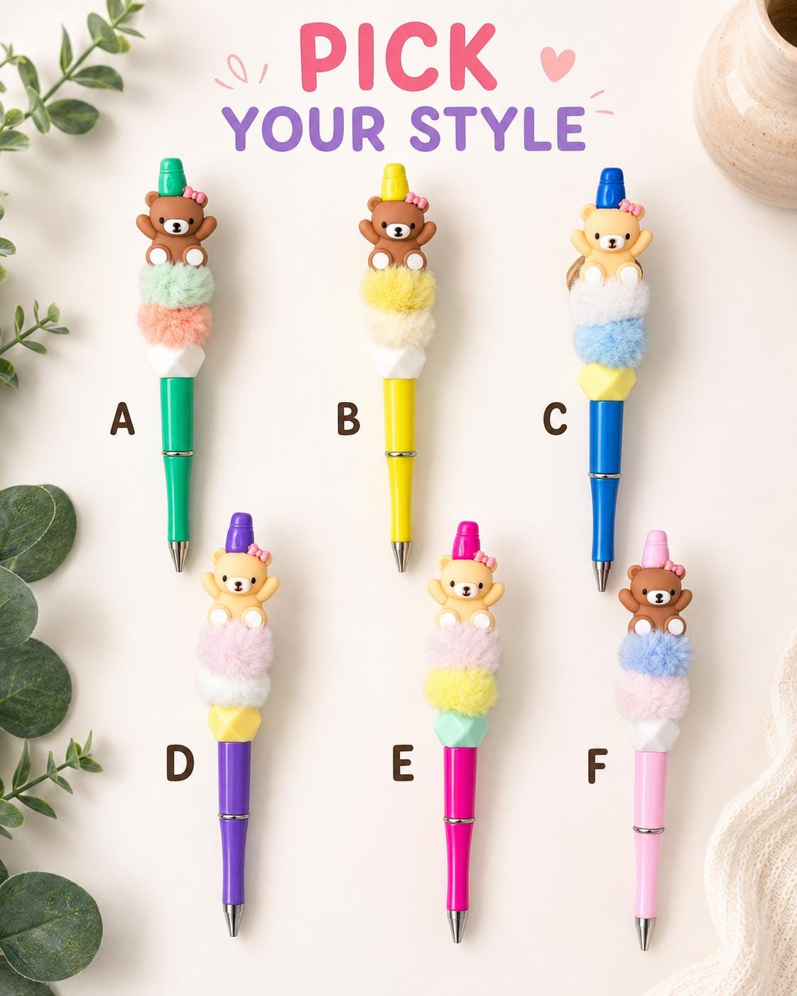 Fuzzy Bear Beaded Pens