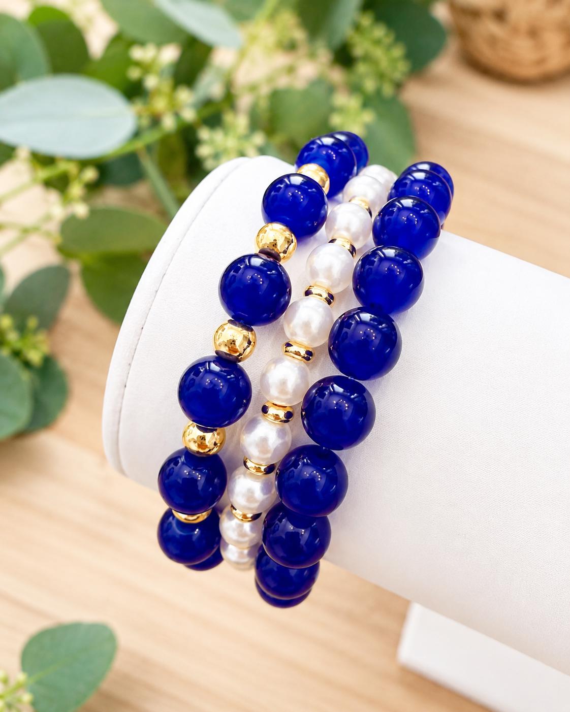 Blue Glass Beaded Bracelet: 14k Gold Accents