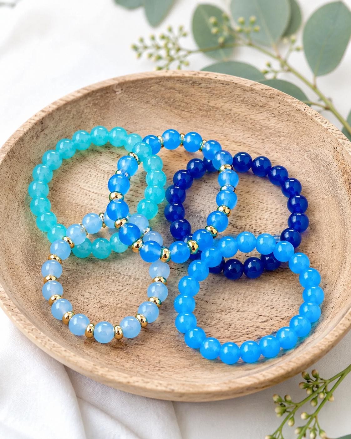 Blue Glass Beaded Bracelet: 14k Gold Accents
