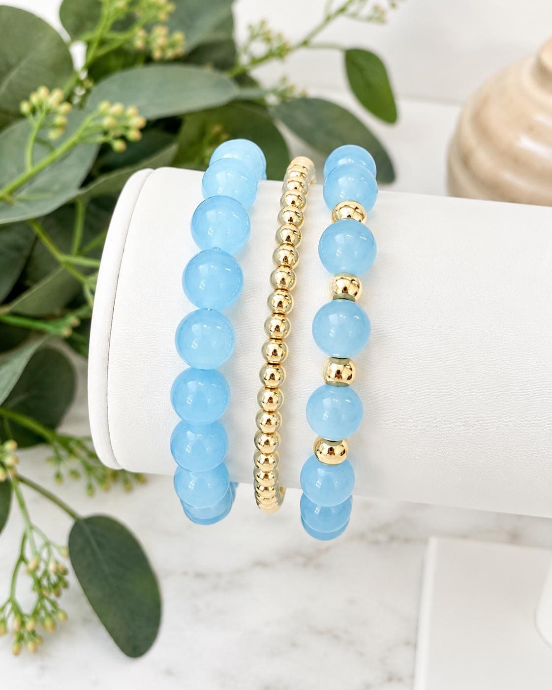 Blue Glass Beaded Bracelet: 14k Gold Accents
