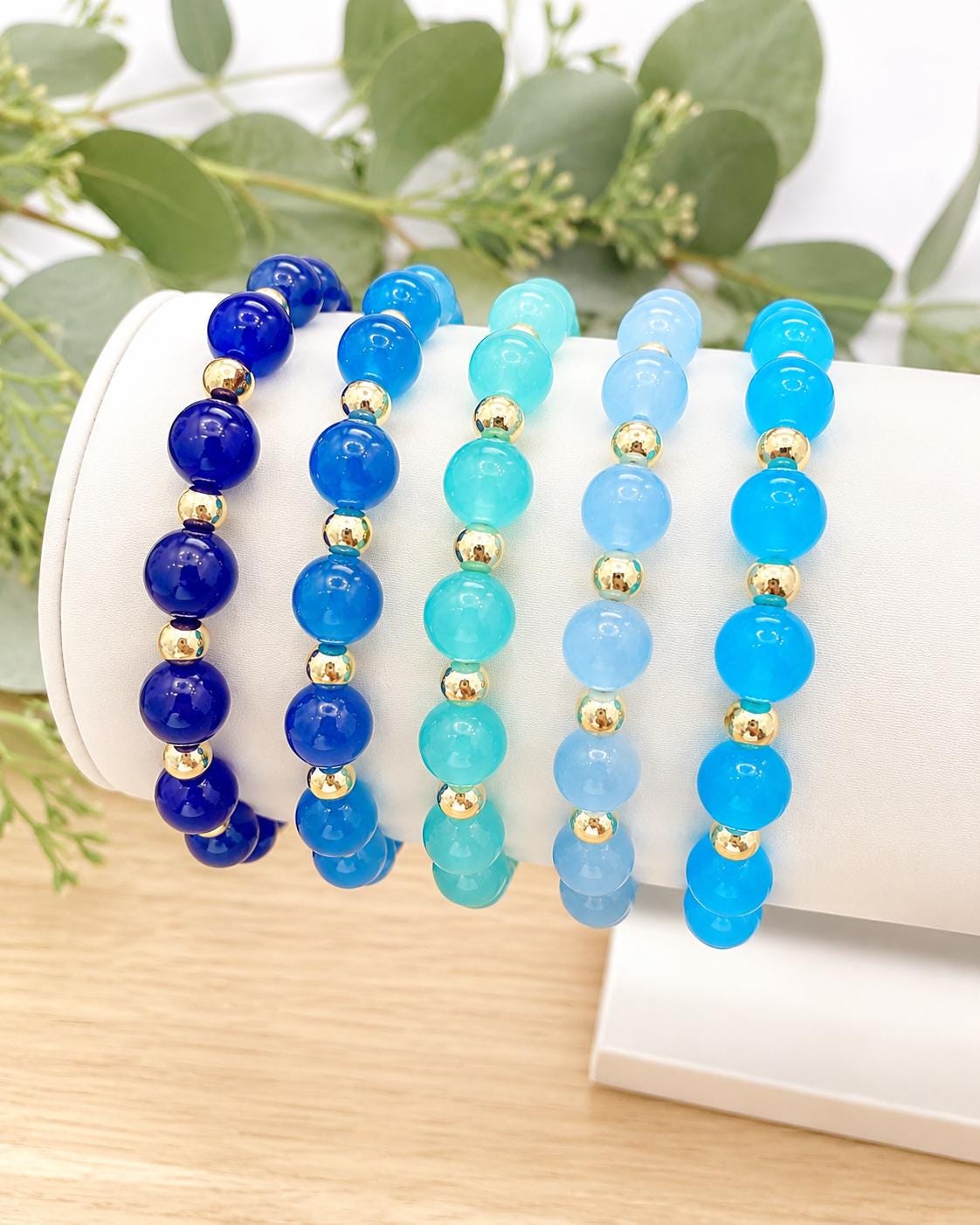 Blue Glass Beaded Bracelet: 14k Gold Accents