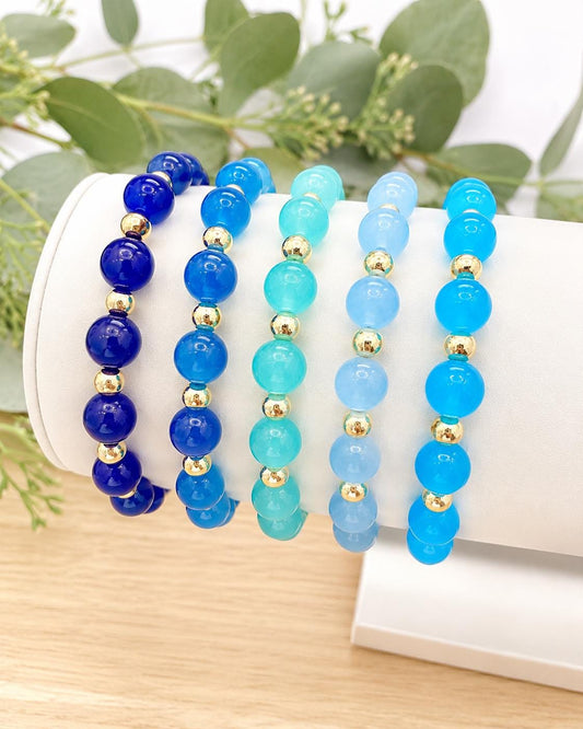 Blue Glass Beaded Bracelet: 14k Gold Accents