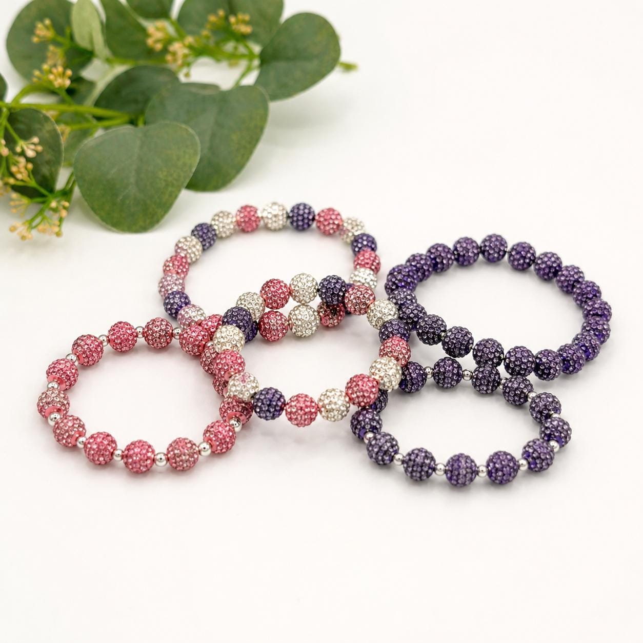 Spring Rhinestone Beaded Bracelets- Pink Purple White