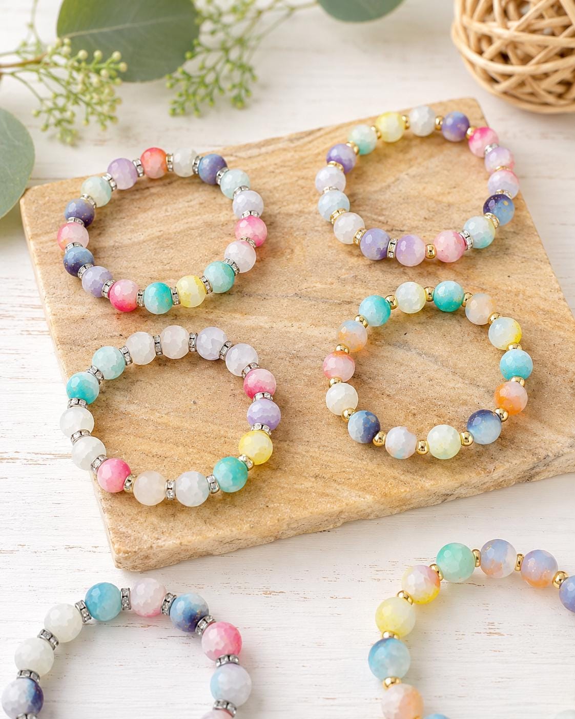 Frosted Pastel Glass Bracelets with Gold Glitter