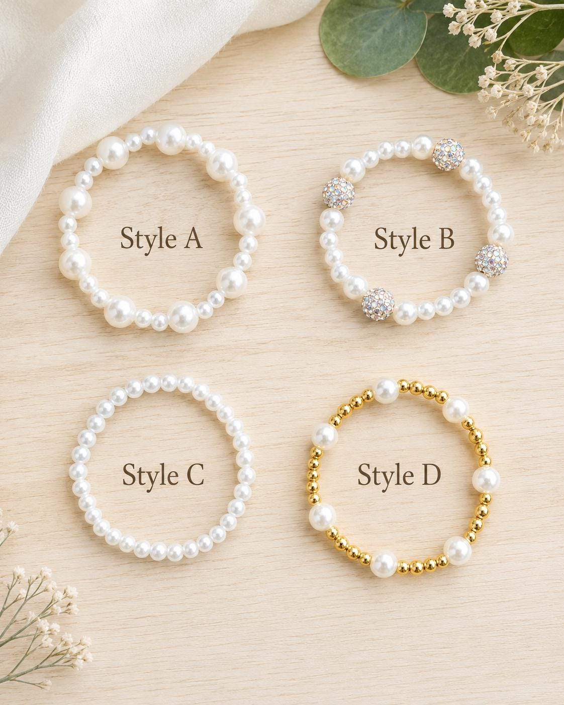 Stack Filler Bracelets for Sets- Pearl - Gold - Rhinestone