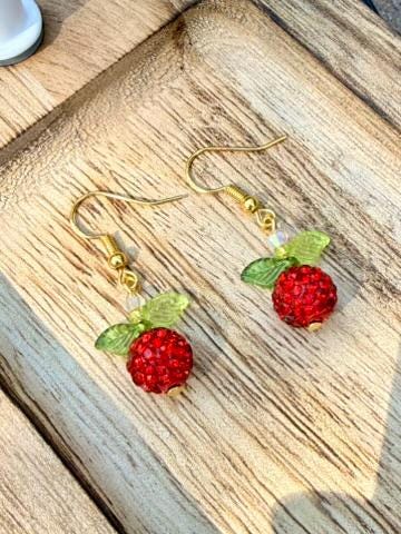 Apple Rhinestone Earrings, Fruit Dangle Earrings, Orchard Jewelry Gift, Fall Teacher Earrings, Handmade Apple Earrings