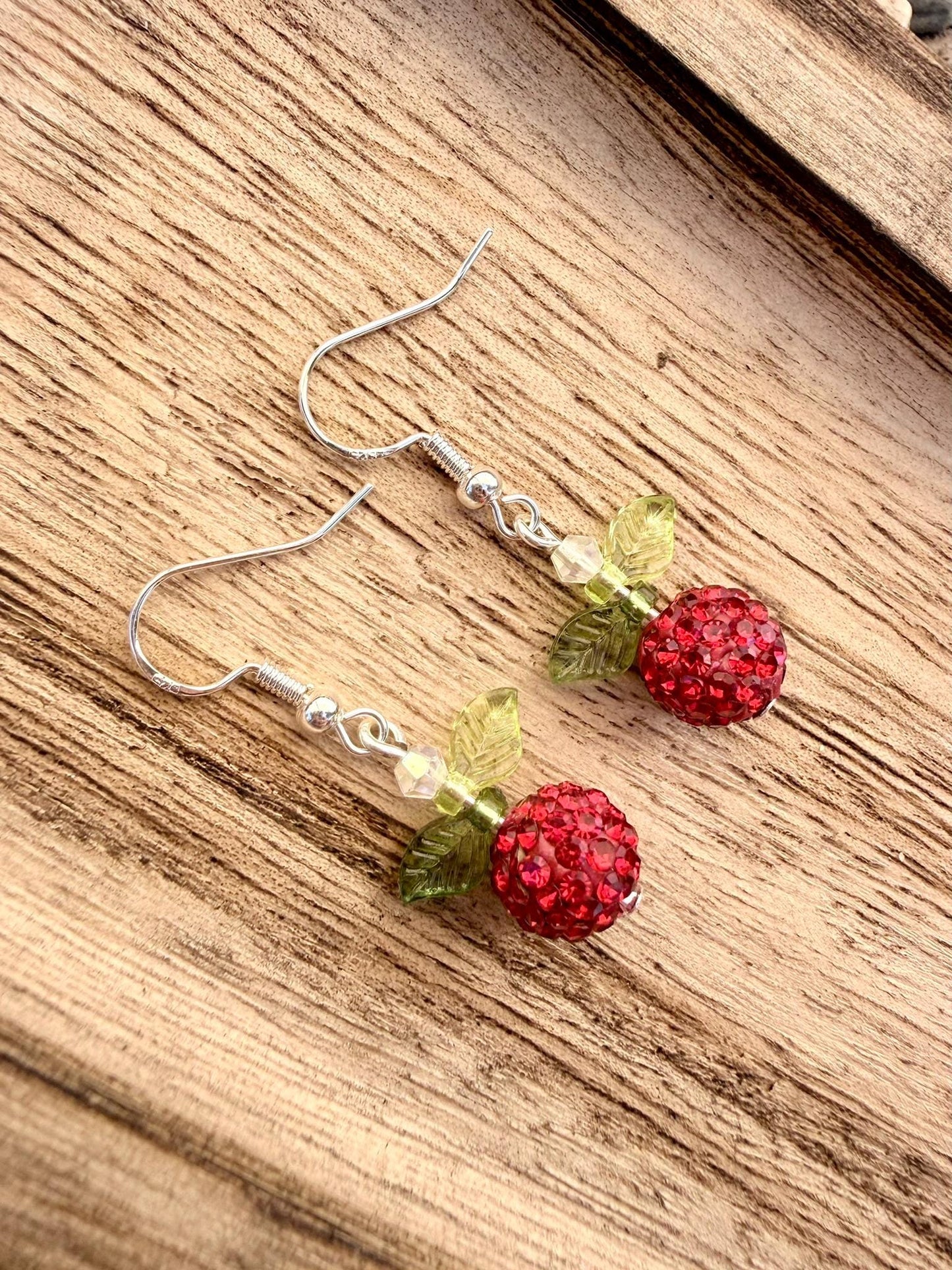 Apple Rhinestone Earrings, Fruit Dangle Earrings, Orchard Jewelry Gift, Fall Teacher Earrings, Handmade Apple Earrings