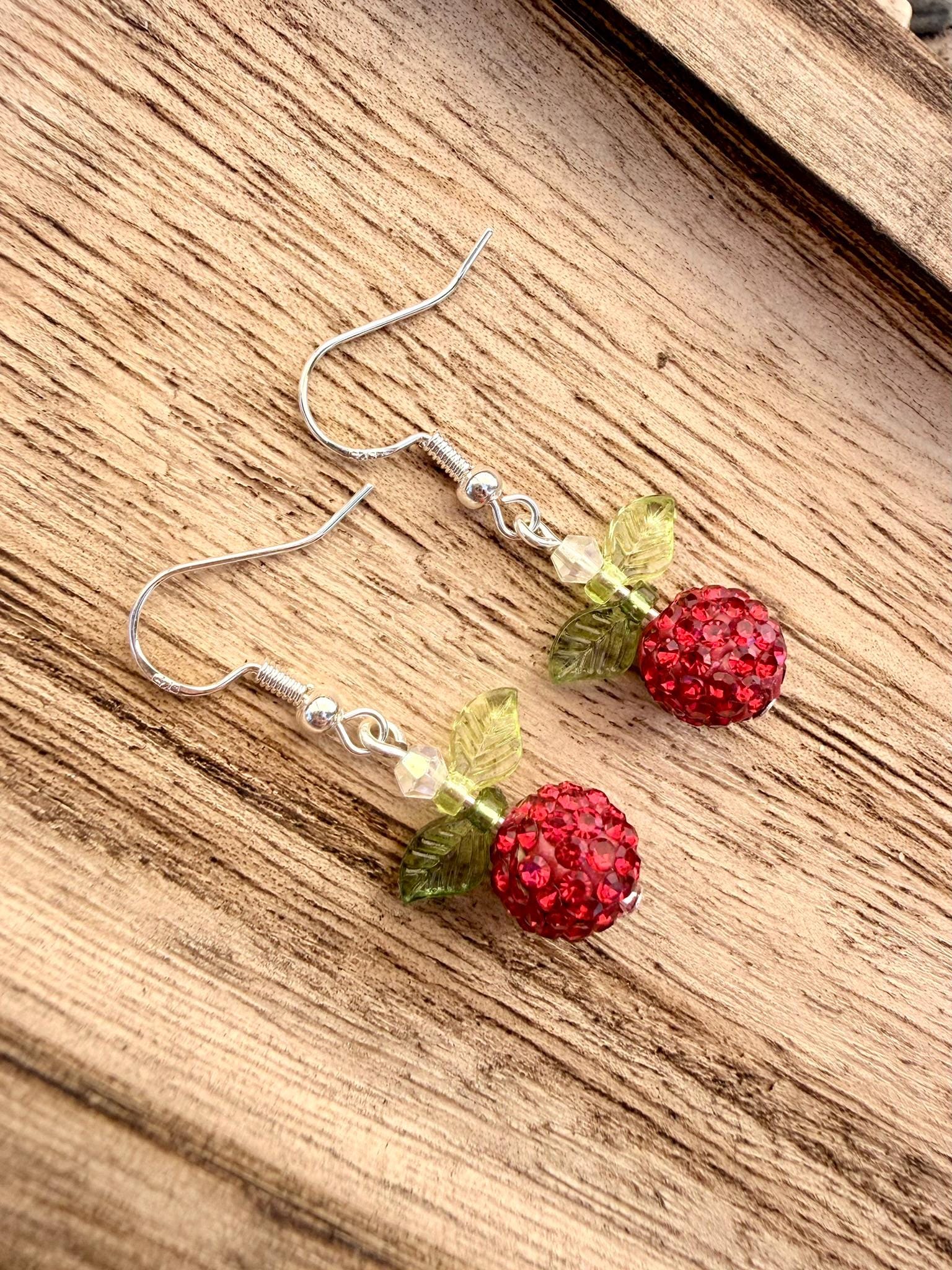 Apple Rhinestone Earrings, Fruit Dangle Earrings, Orchard Jewelry Gift, Fall Teacher Earrings, Handmade Apple Earrings