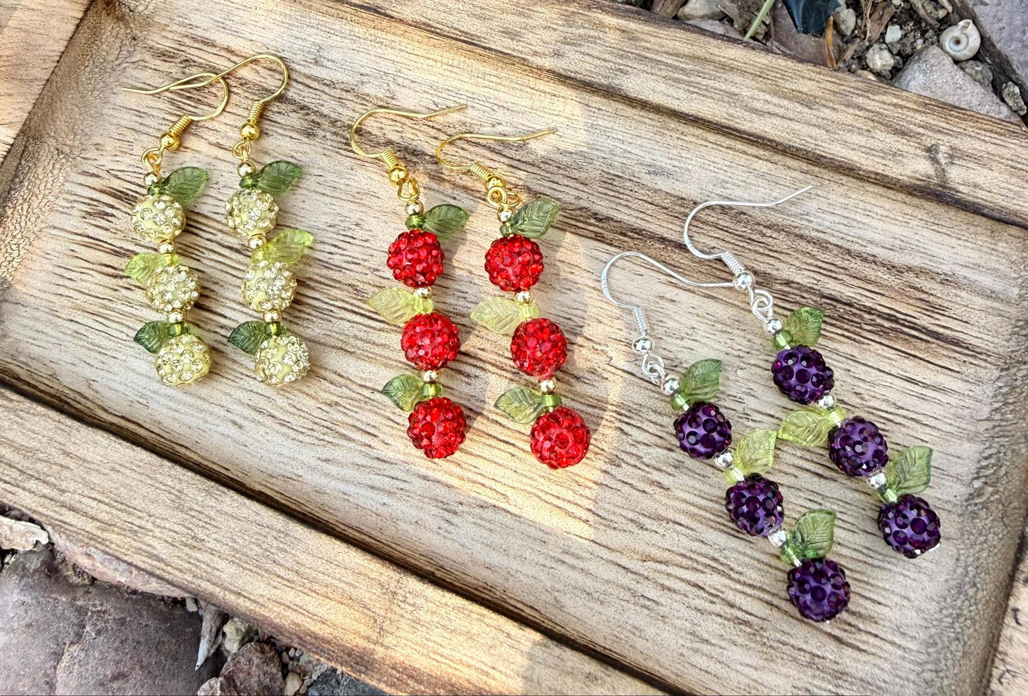 Stacked Fruit Earrings, Apple Pear Plum Earrings, Rhinestone Bead Dangles, Orchard Jewelry, Fall Teacher Gift