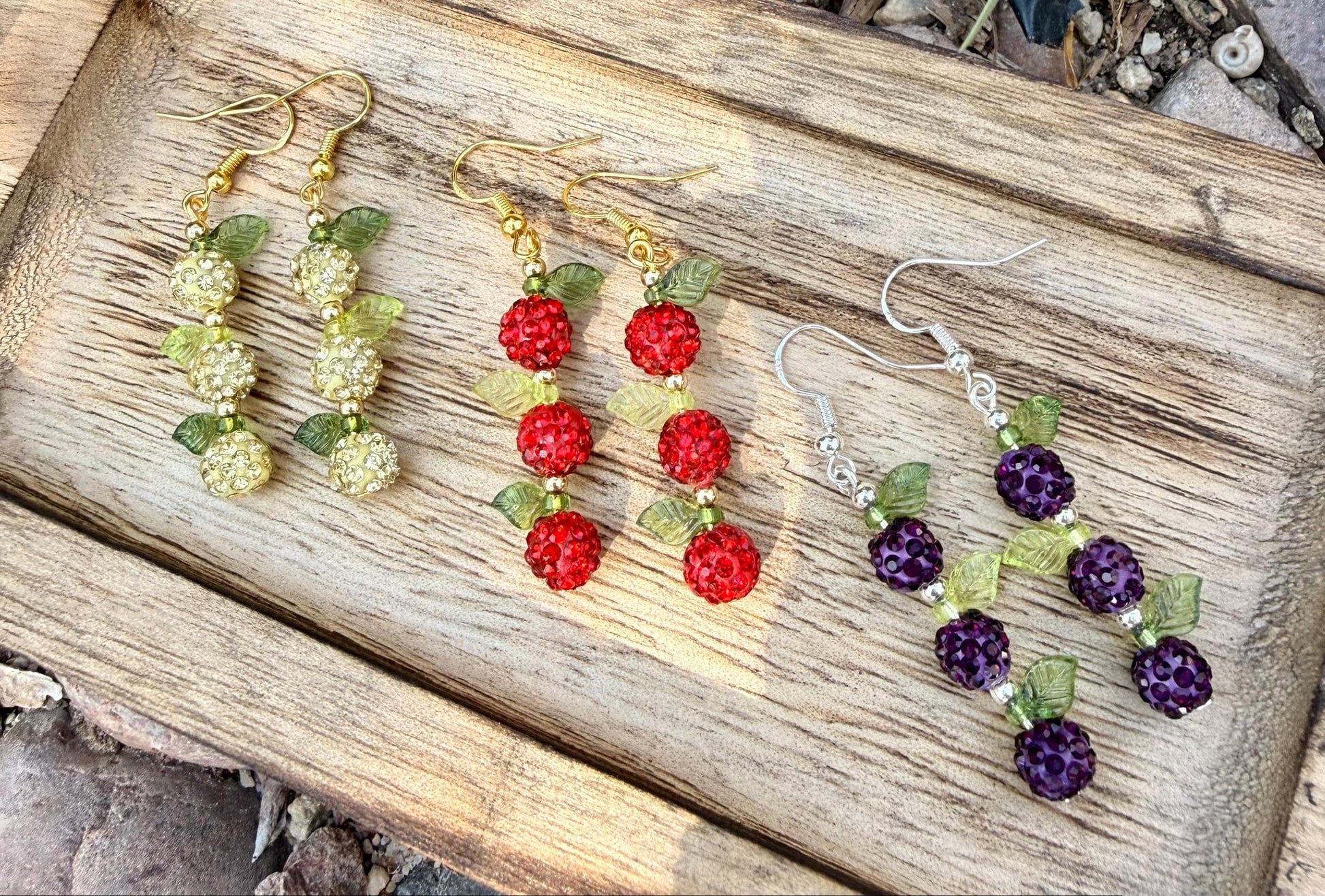 Stacked Fruit Earrings, Apple Pear Plum Earrings, Rhinestone Bead Dangles, Orchard Jewelry, Fall Teacher Gift