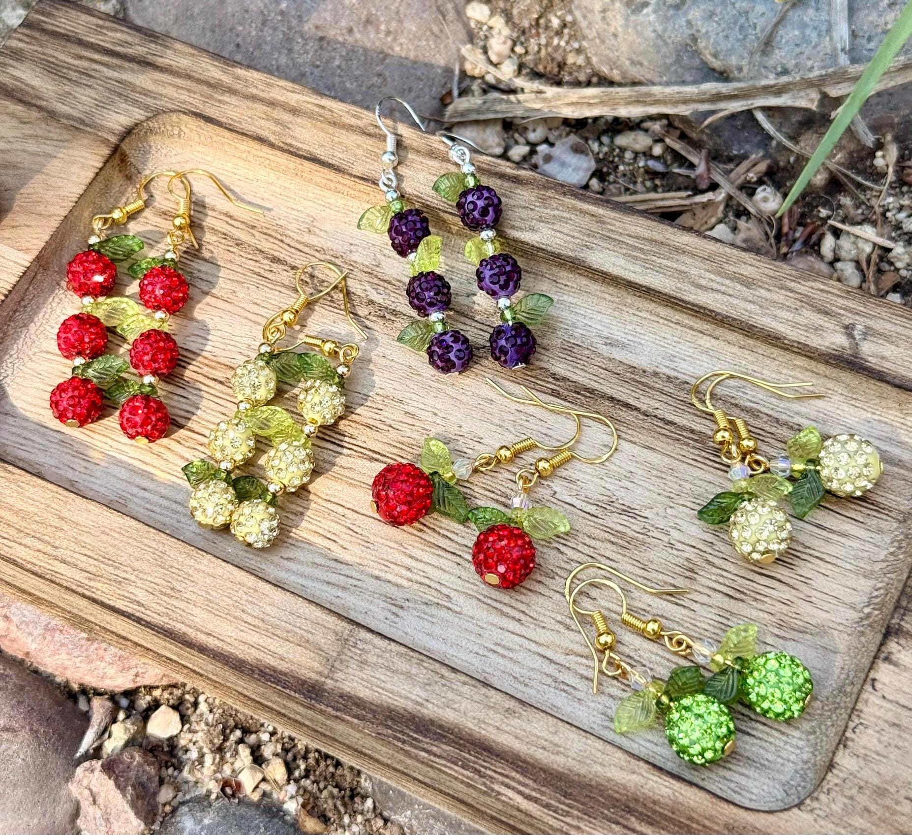 Stacked Fruit Earrings, Apple Pear Plum Earrings, Rhinestone Bead Dangles, Orchard Jewelry, Fall Teacher Gift