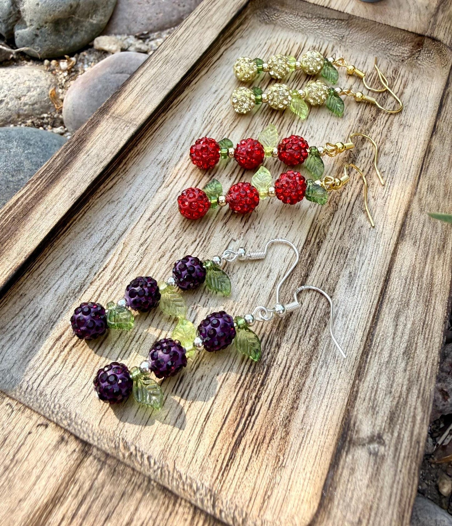 Stacked Fruit Earrings, Apple Pear Plum Earrings, Rhinestone Bead Dangles, Orchard Jewelry, Fall Teacher Gift