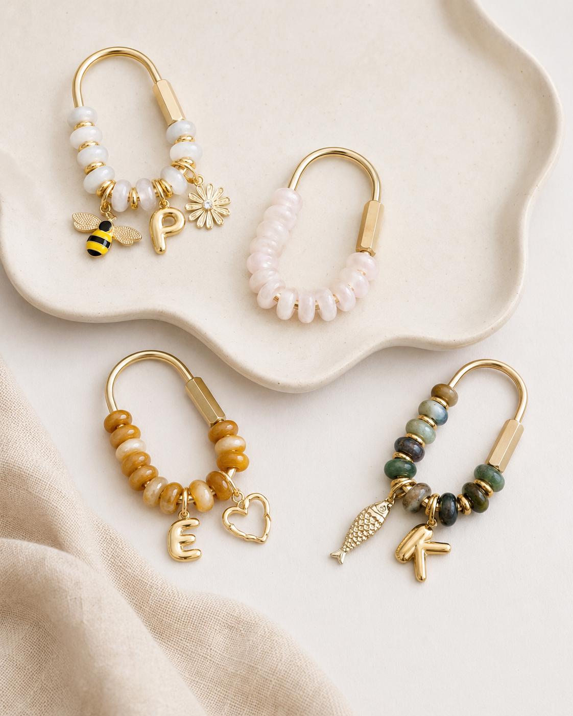 Personalized Natural Stone Bag Charm- Custom Initial & Charms