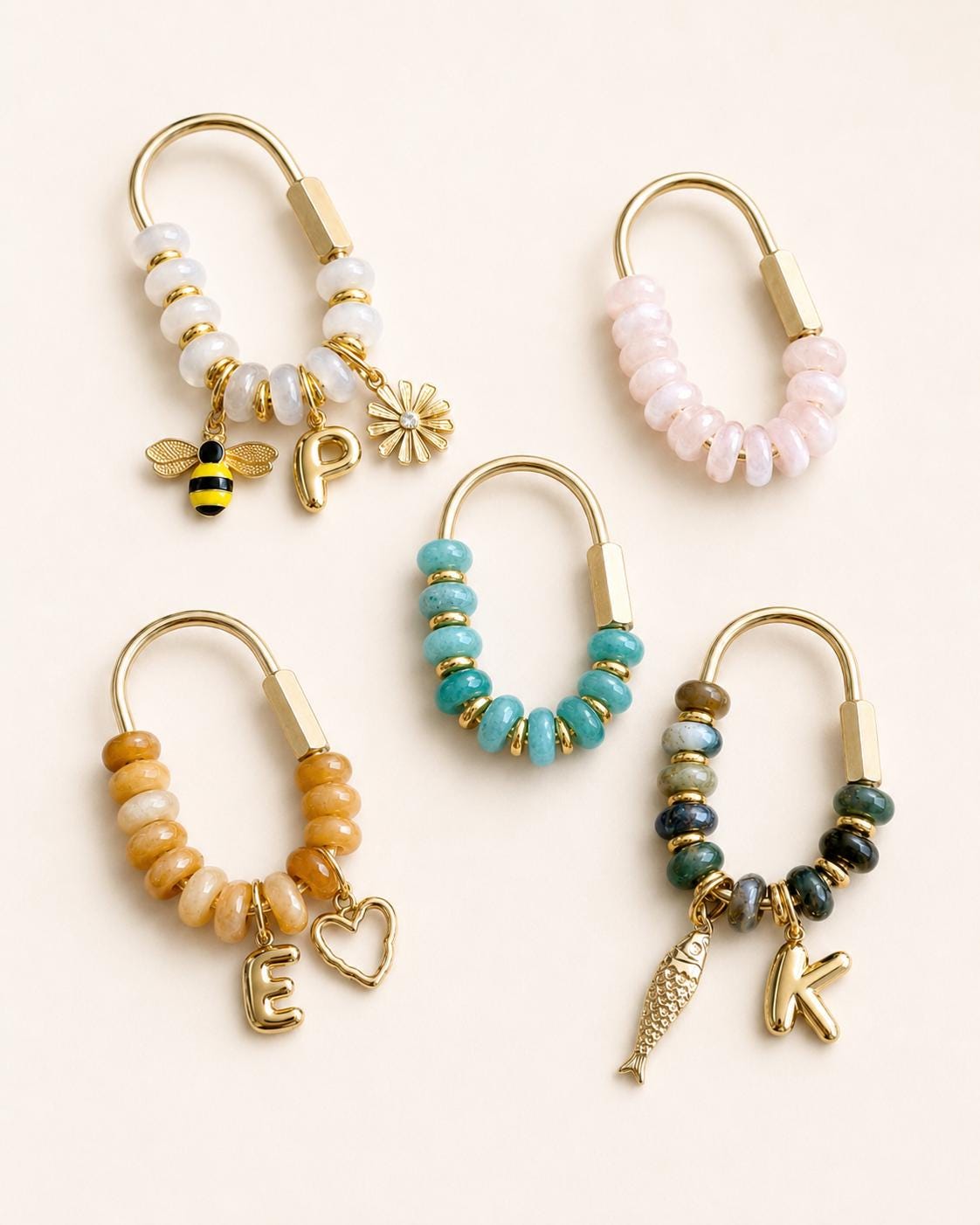 Personalized Natural Stone Bag Charm- Custom Initial & Charms