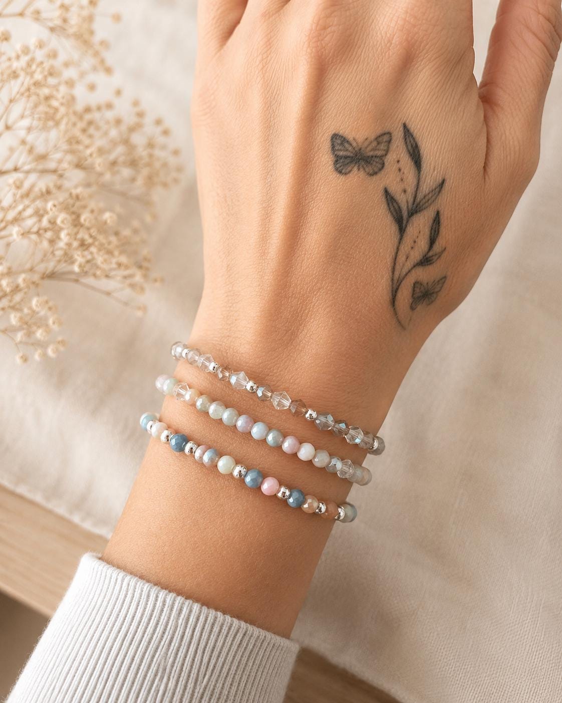 Handmade Pastel Beaded Bracelet Set, Glass Crystal Stretch Bracelet, 925 Silver Spacers, Mix & Match Stackable Gift