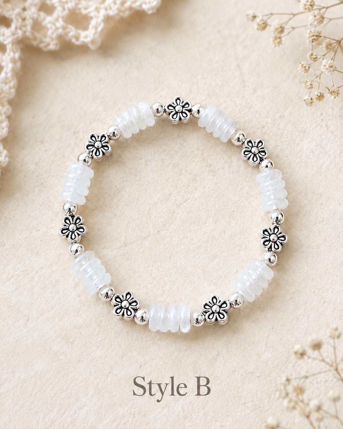 Natural Beaded Stretch Bracelet, White Marble or Mixed Jade Bracelet, 925 Silver Spacer Bracelet, Handmade Stackable Jewelry